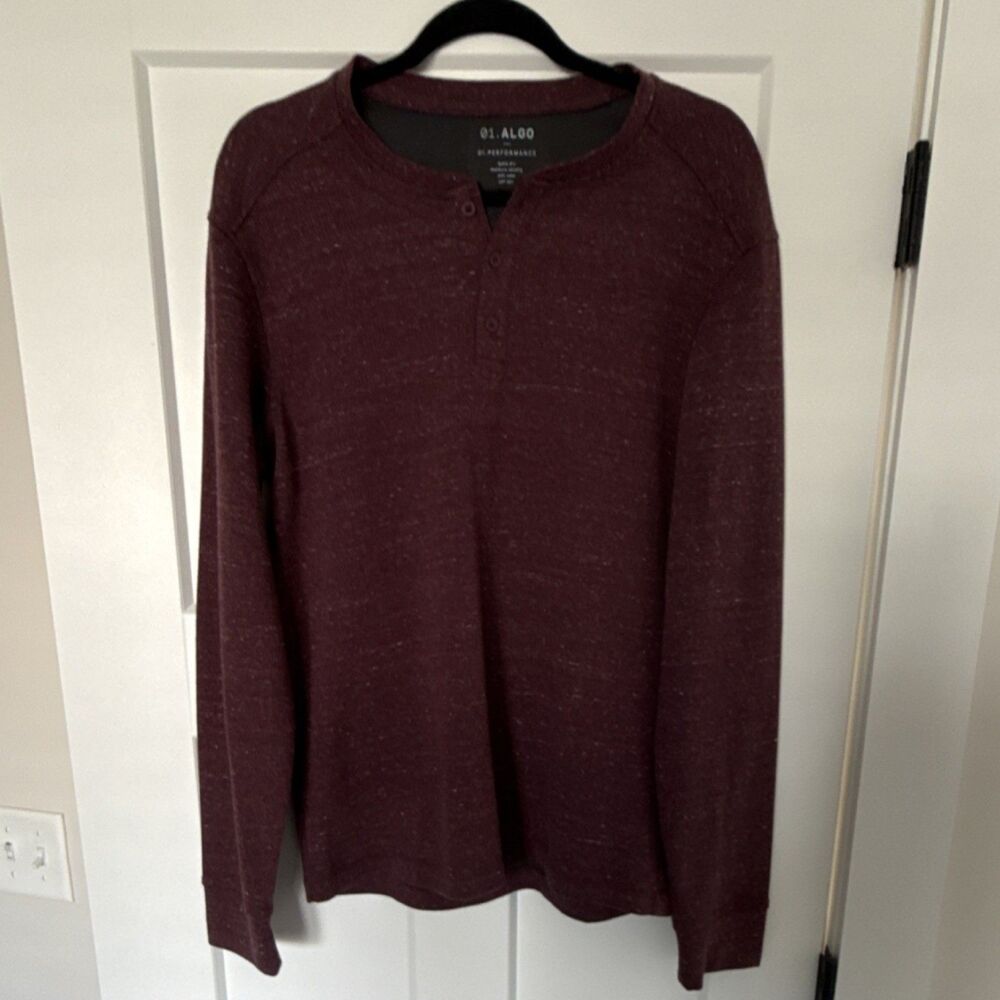 01.ALGO Men's GG Burgundy Henley Long Sleeve Performance T-Shirt Quick Dry
